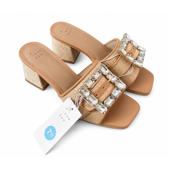 a new day Shoes - a new day Tan Beaded Buckle Block Heel Sandal size 7.5